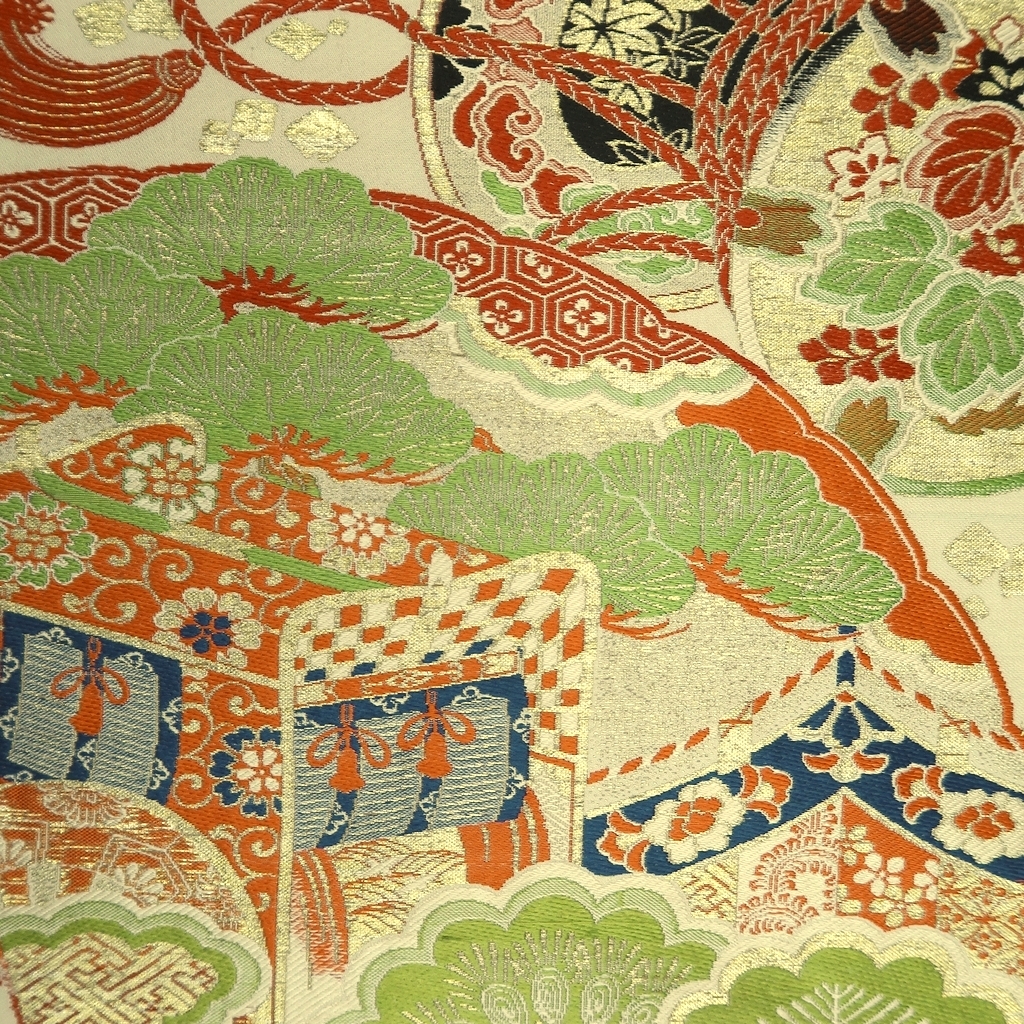 桜子さん専用　大日月、長形大短冊特大、三つ組+ミニ剣山（B級品）おまけ BB281V6 Silk Vintage Japanese Kimono Maru Obi Pine Tree